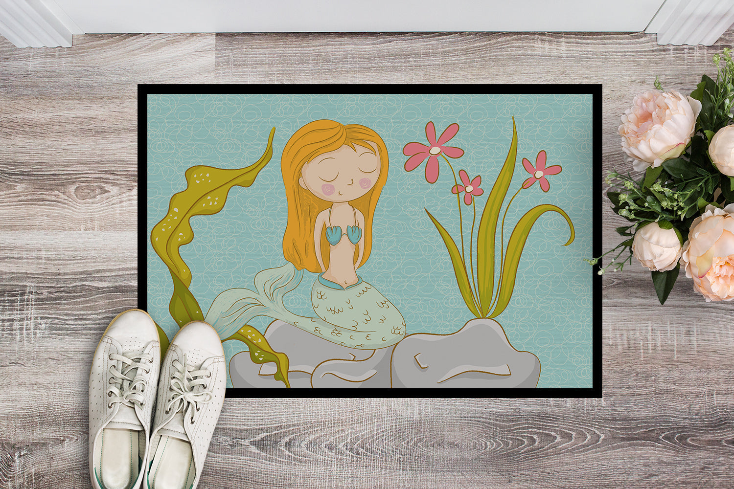Mermaid Underwater Scene Doormat Indoor Outdoor 18H X 27W Front Door Mat Rugs for Entryway, Non Slip Washable