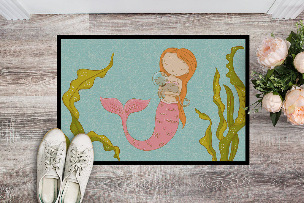 Mermaid and Cat Underwater Doormat Indoor Outdoor 24H X 36W Front Door Mat Rugs for Entryway, Non Slip Washable Low Pile,
