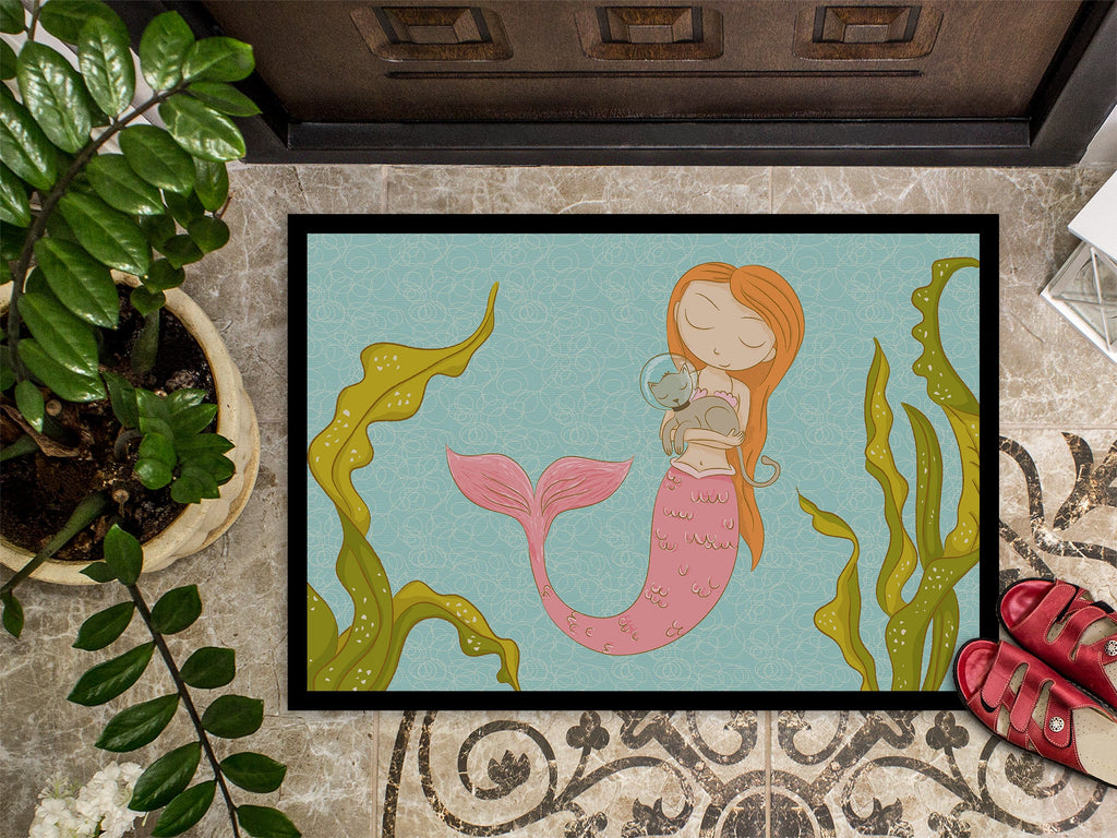 Mermaid and Cat Underwater Doormat Indoor Outdoor 24H X 36W Front Door Mat Rugs for Entryway, Non Slip Washable Low Pile,