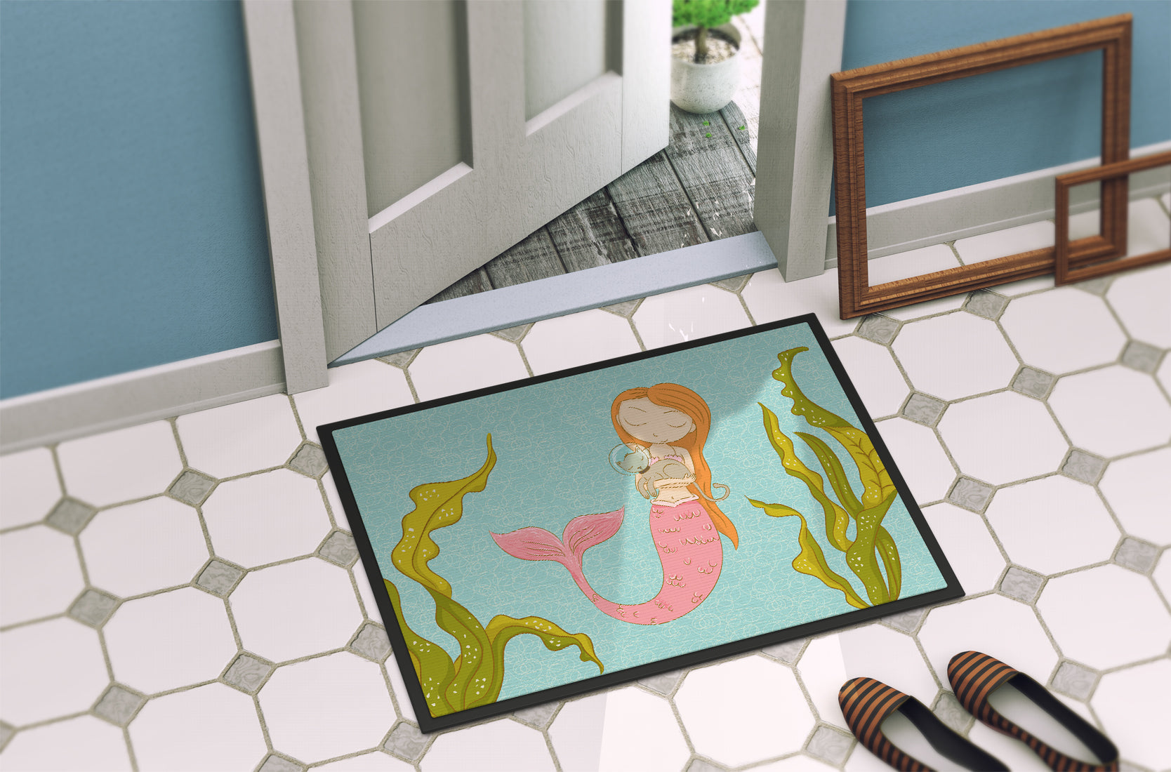 Mermaid and Cat Underwater Doormat Indoor Outdoor 24H X 36W Front Door Mat Rugs for Entryway, Non Slip Washable Low Pile,