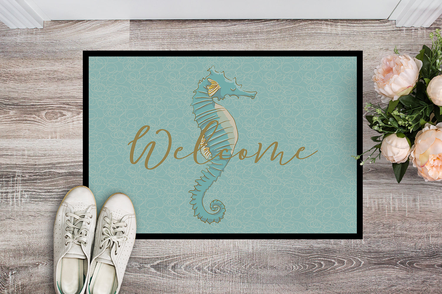 Seahorse Welcome Doormat Indoor Outdoor 24H X 36W Front Door Mat Rugs for Entryway, Non Slip Washable Low Pile,
