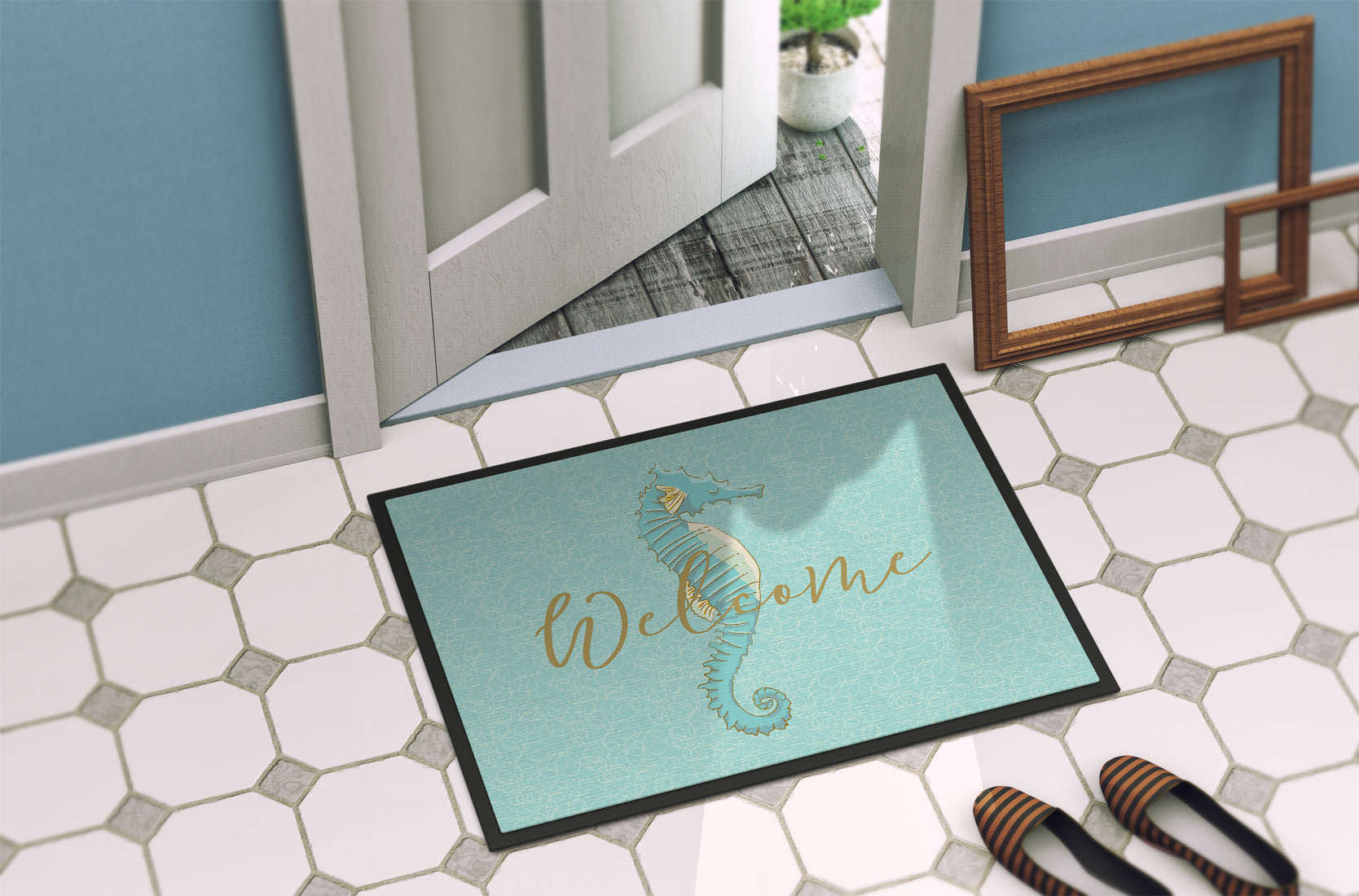 Seahorse Welcome Doormat Indoor Outdoor 24H X 36W Front Door Mat Rugs for Entryway, Non Slip Washable Low Pile,