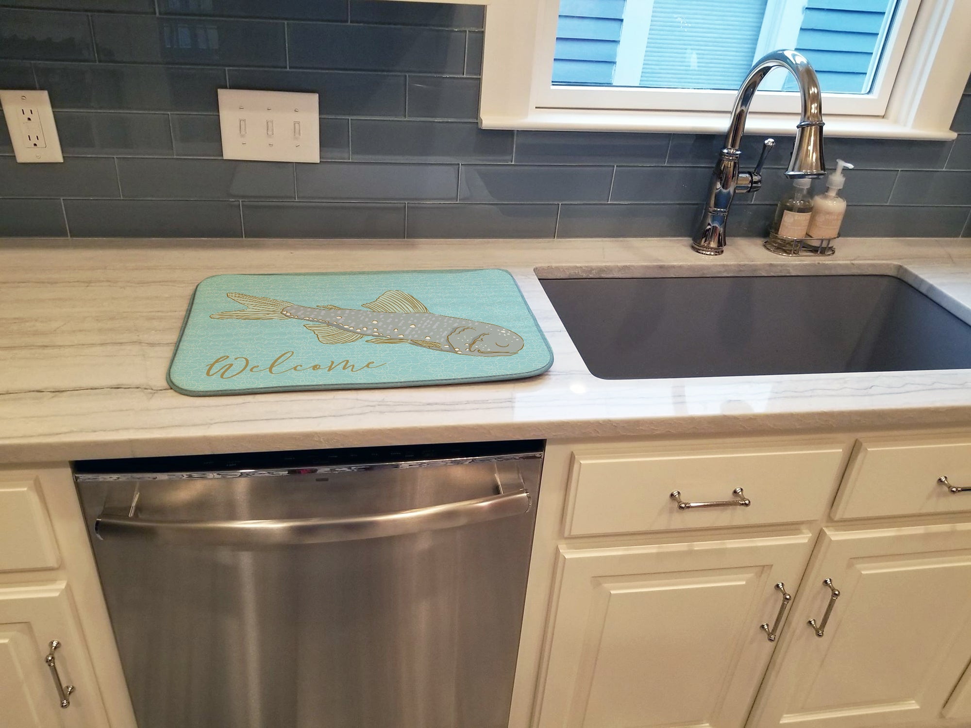 Fish Welcome Dish Drying Mat Absorbent Dish Drying Mat Pad for Kitchen Counter Dish Drainer Mat for Countertop, 14 x 21", Multicolor