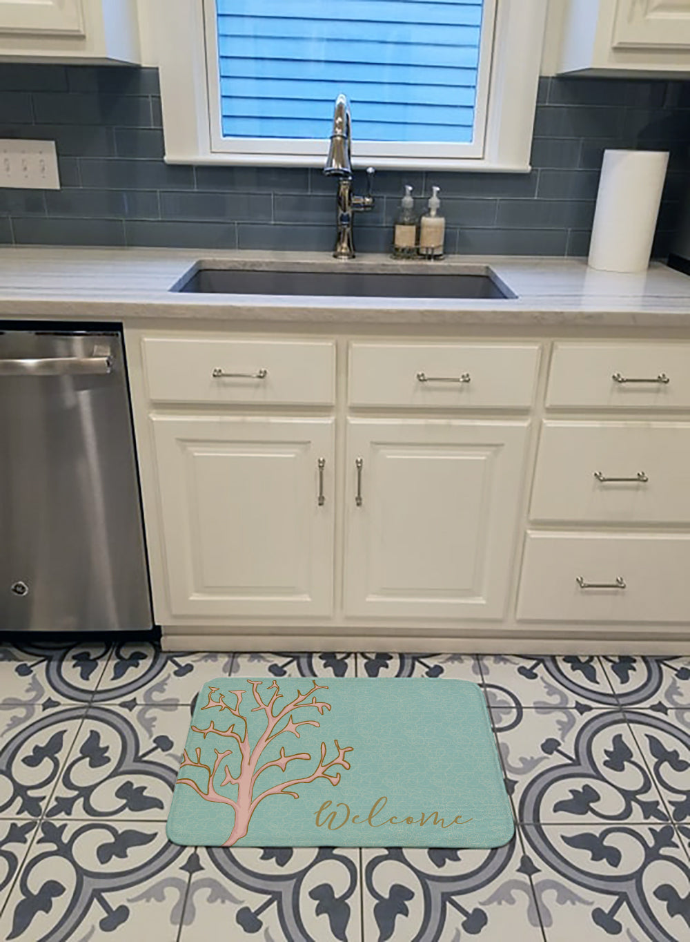 Coral Welcome Memory Foam Kitchen Mat Machine Washable Anti-Fatigue Cushion Comfort Bath or Kitchen Rug