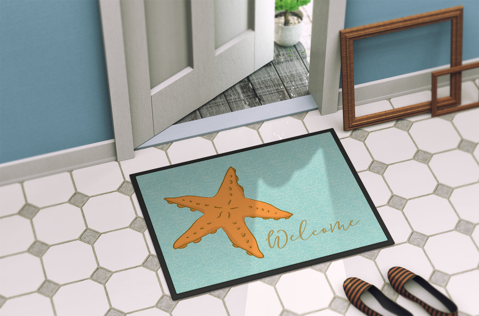 Starfish Welcome Doormat Indoor Outdoor 24H X 36W Front Door Mat Rugs for Entryway, Non Slip Washable Low Pile,