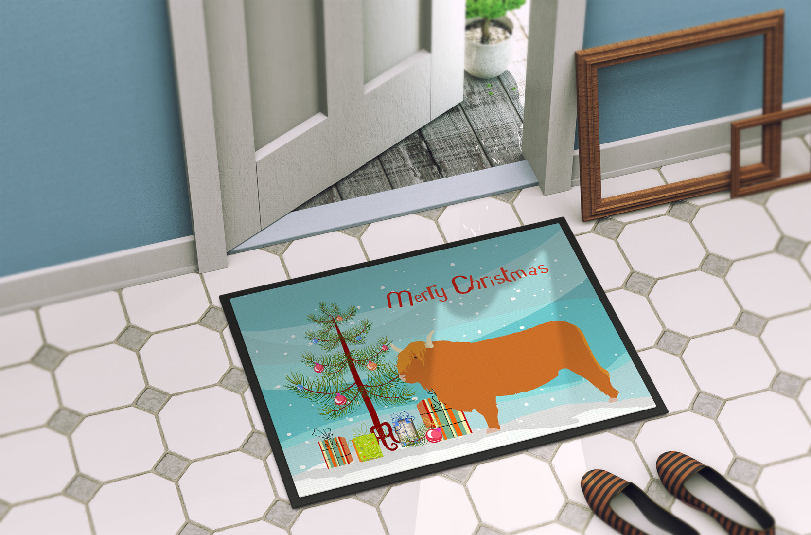 Highland Cow Christmas Doormat Indoor Outdoor 18H X 27W Front Door Mat Rugs for Entryway, Non Slip Washable