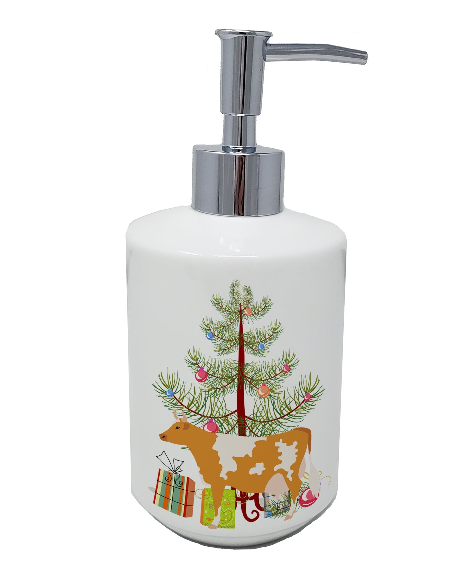 Guernsey Cow Christmas Ceramic Soap Dispenser , Empty Refillable Hand Soap Pump Bottle for Bathroom Kitchen