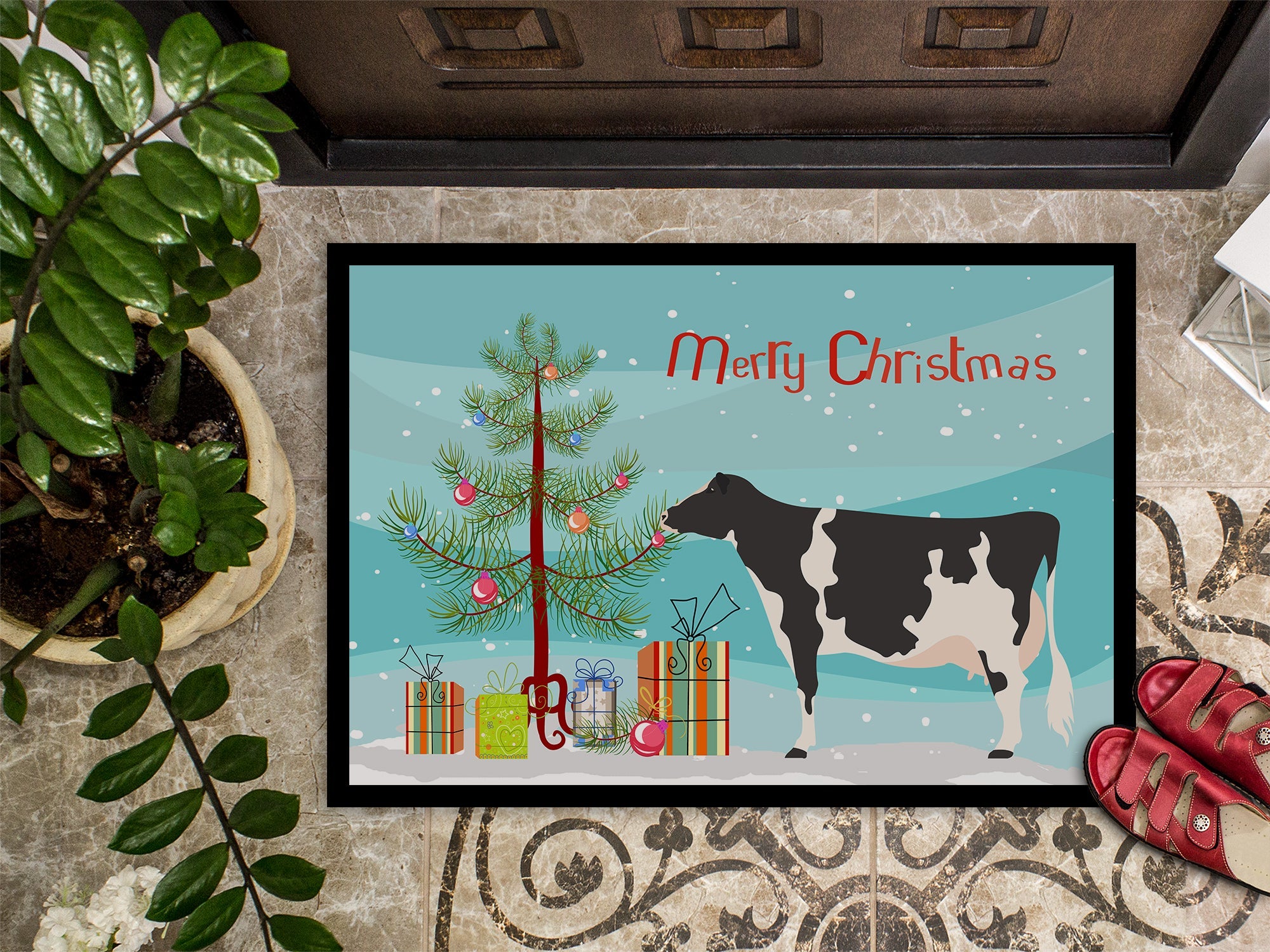 Holstein Cow Christmas Doormat Indoor Outdoor 24H X 36W Front Door Mat Rugs for Entryway, Non Slip Washable Low Pile,
