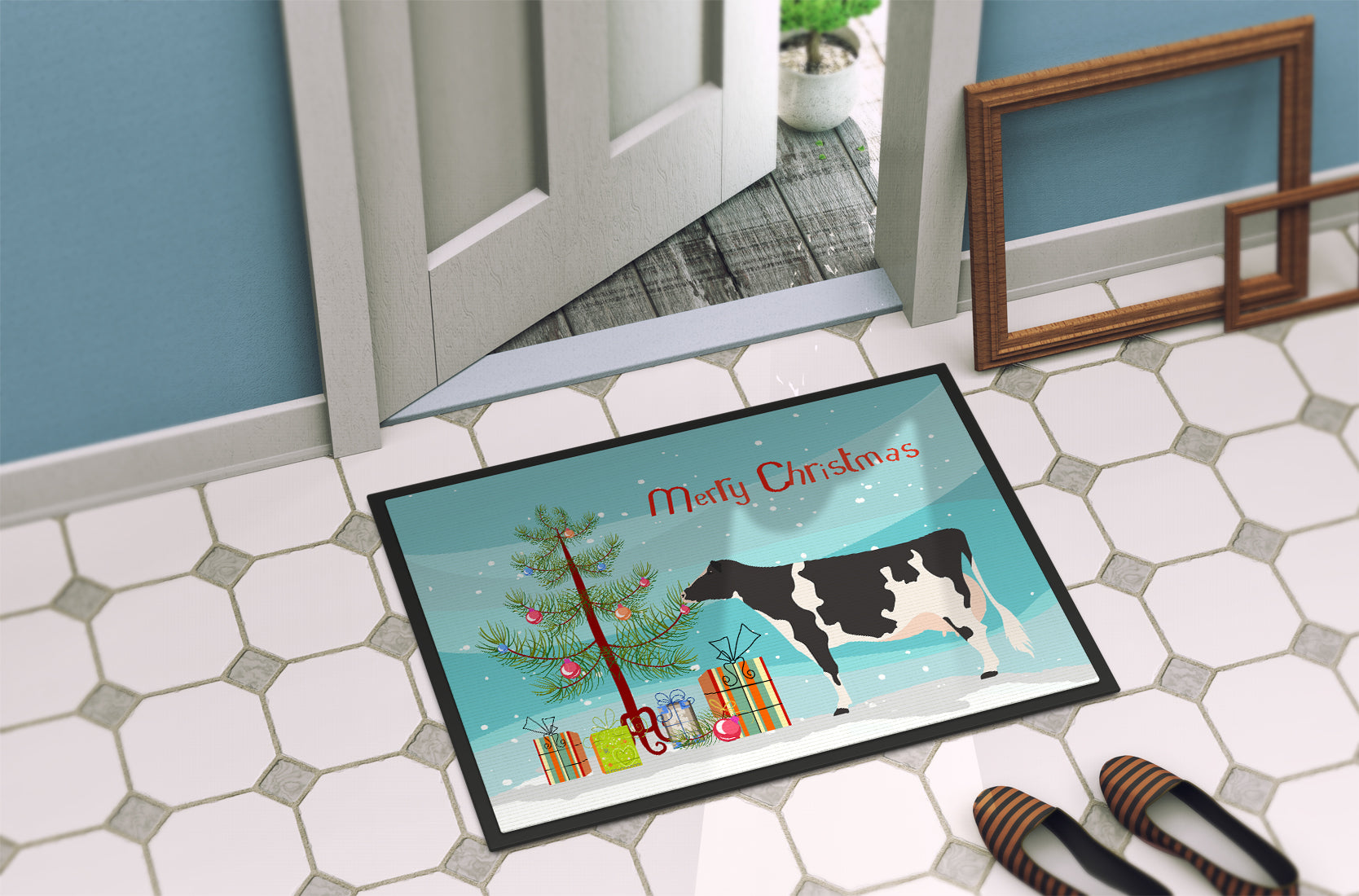 Holstein Cow Christmas Doormat Indoor Outdoor 24H X 36W Front Door Mat Rugs for Entryway, Non Slip Washable Low Pile,