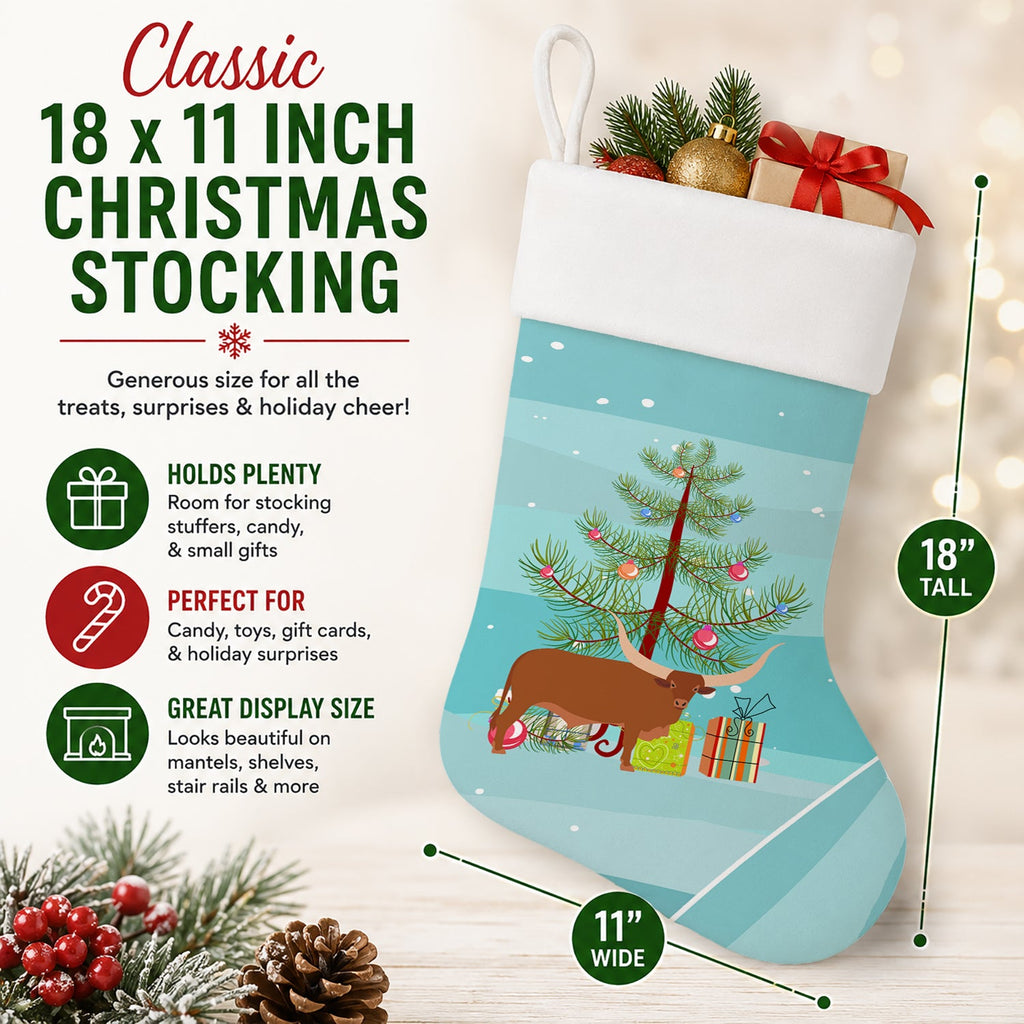Ankole-Watusu Cow Christmas Holiday Stocking Double-Sided Print, Polyester Suede,11x18, Made in USA