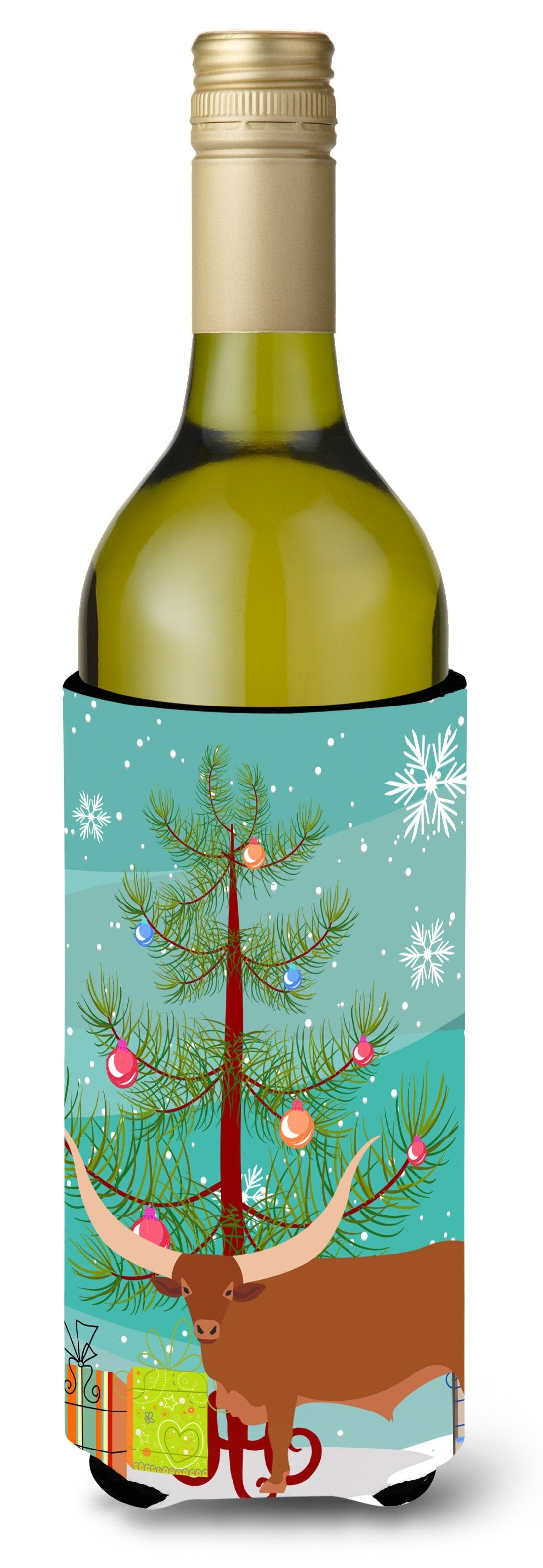 Ankole-Watusu Cow Christmas Wine Bottle Hugger Gift Sleeve for Standard 750 ml Bottles, Insulated Reusable Also Fits Mini Shot & Pint Bottles