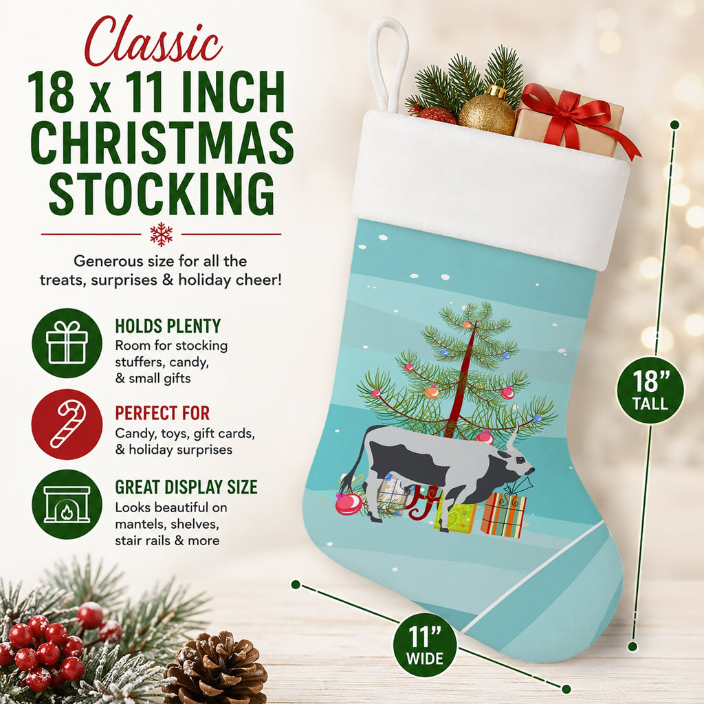 Hungarian Grey Steppe Cow Christmas Holiday Stocking Double-Sided Print, Polyester Suede,11x18, Made in USA