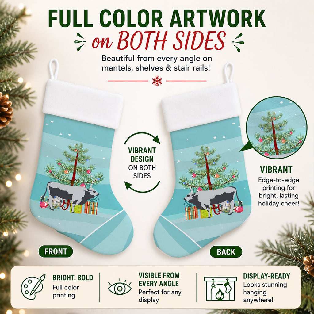 Hungarian Grey Steppe Cow Christmas Holiday Stocking Double-Sided Print, Polyester Suede,11x18, Made in USA