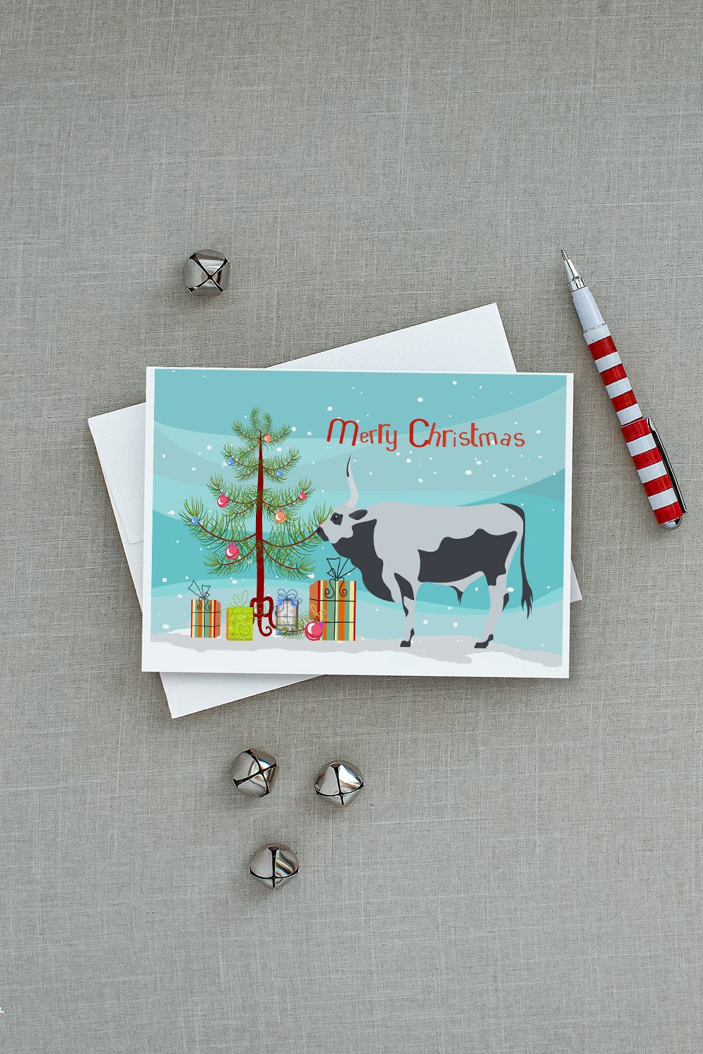 Hungarian Grey Steppe Cow Christmas Greeting Cards Pack of 8 Blank Cards with Envelopes Whimsical A7 Size 5x7