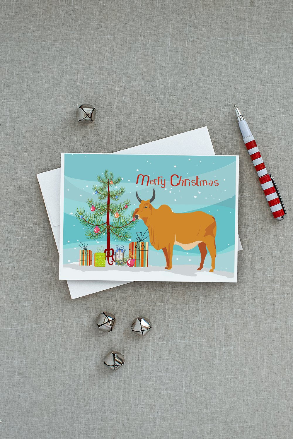 Zebu Indicine Cow Christmas Greeting Cards Pack of 8 Blank Cards with Envelopes Whimsical A7 Size 5x7