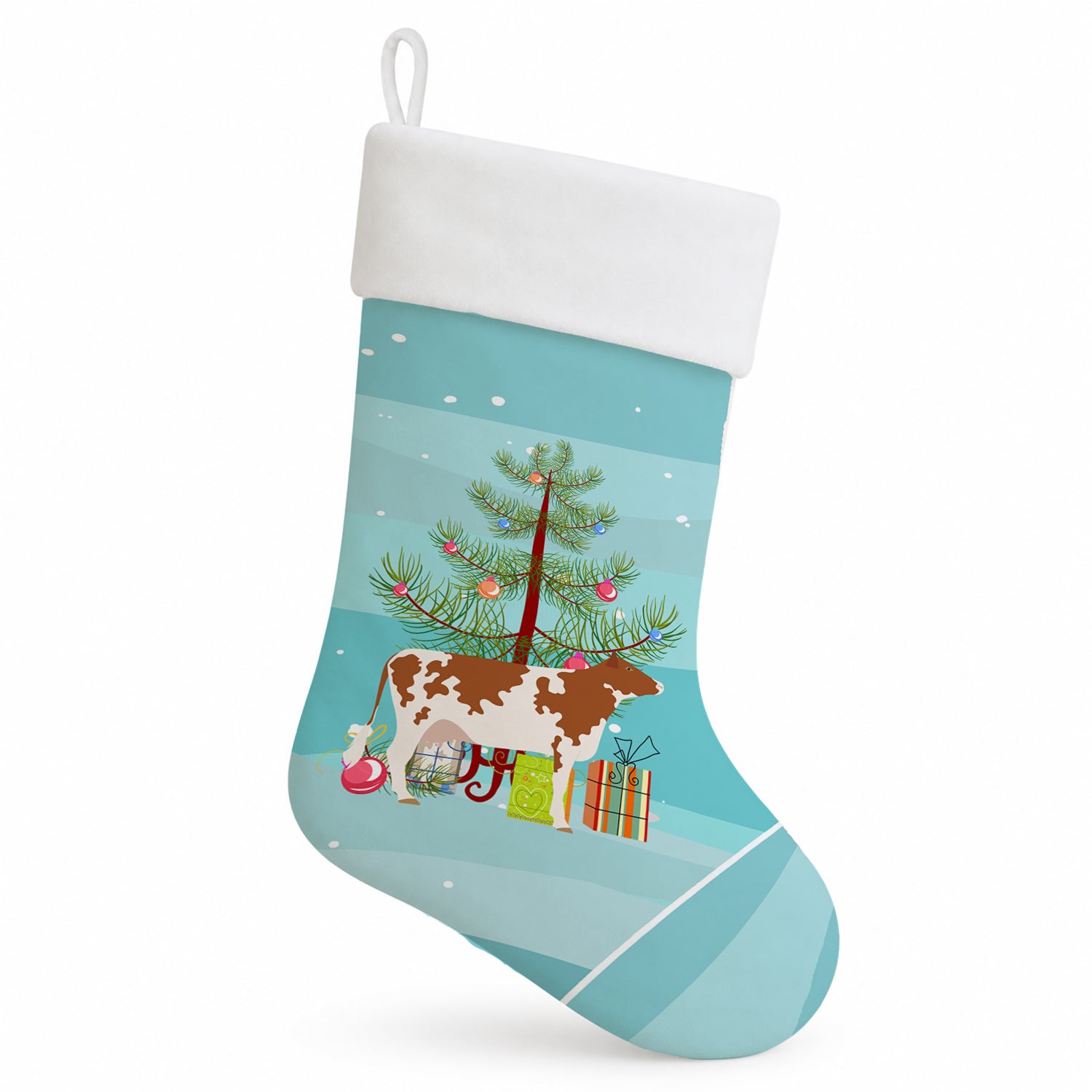 Ayrshire Cow Christmas Holiday Stocking Double-Sided Print, Polyester Suede,11x18, Made in USA