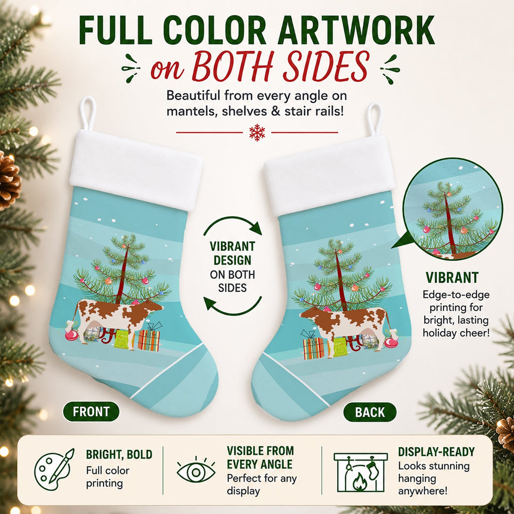 Ayrshire Cow Christmas Holiday Stocking Double-Sided Print, Polyester Suede,11x18, Made in USA