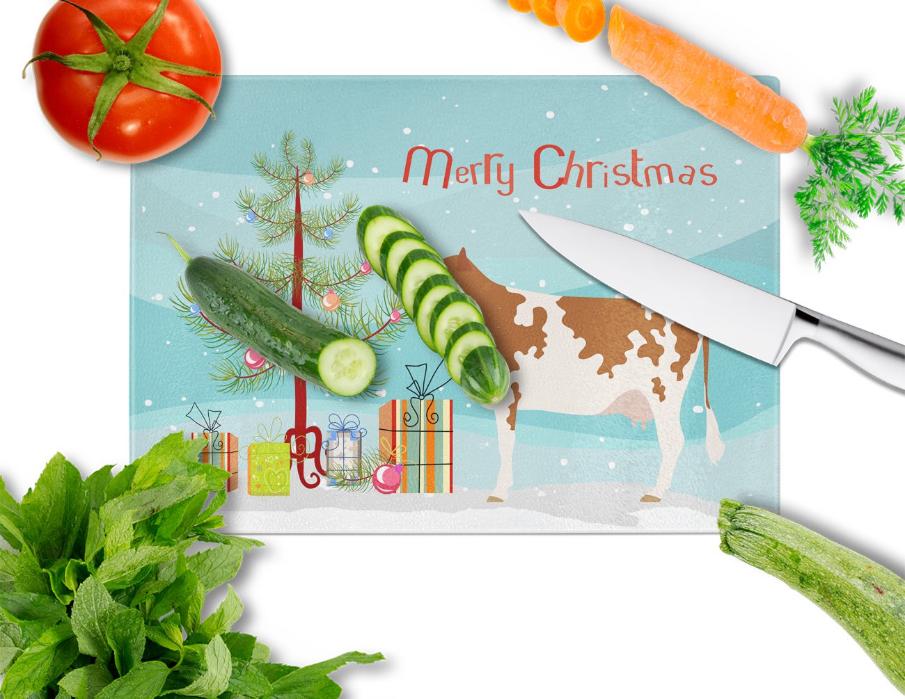 Ayrshire Cow Christmas Cutting Board Tempered Glass Kitchen Cutting Surface, Heat Resistant Chopping, Non-Slip Feet, Food Prep & Serving