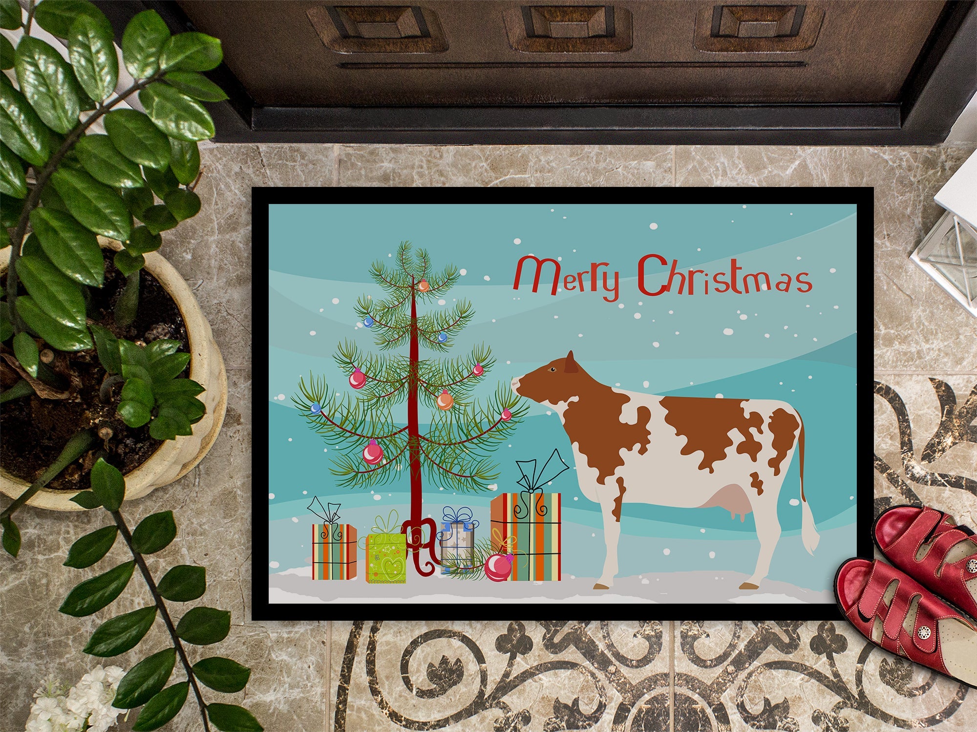 Ayrshire Cow Christmas Doormat Indoor Outdoor 18H X 27W Front Door Mat Rugs for Entryway, Non Slip Washable