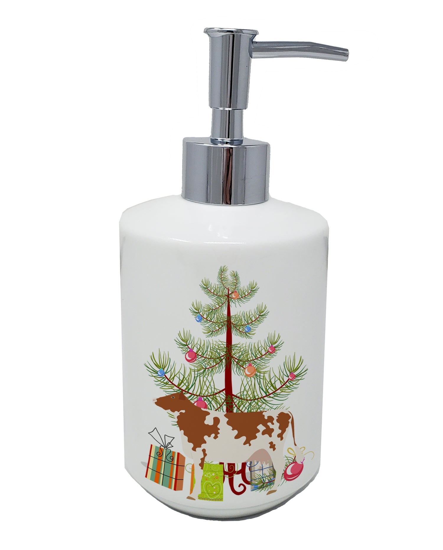 Ayrshire Cow Christmas Ceramic Soap Dispenser , Empty Refillable Hand Soap Pump Bottle for Bathroom Kitchen