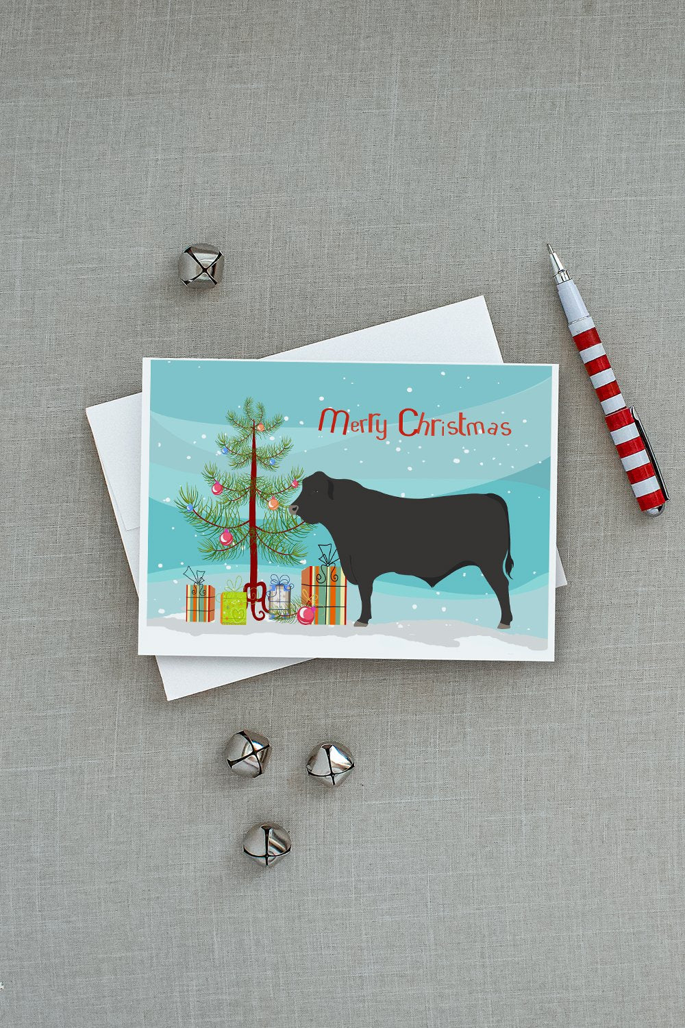 Black Angus Cow Christmas Greeting Cards Pack of 8 Blank Cards with Envelopes Whimsical A7 Size 5x7