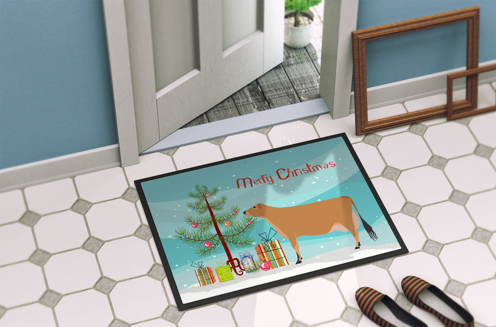 Jersey Cow Christmas Doormat Indoor Outdoor 24H X 36W Front Door Mat Rugs for Entryway, Non Slip Washable Low Pile,