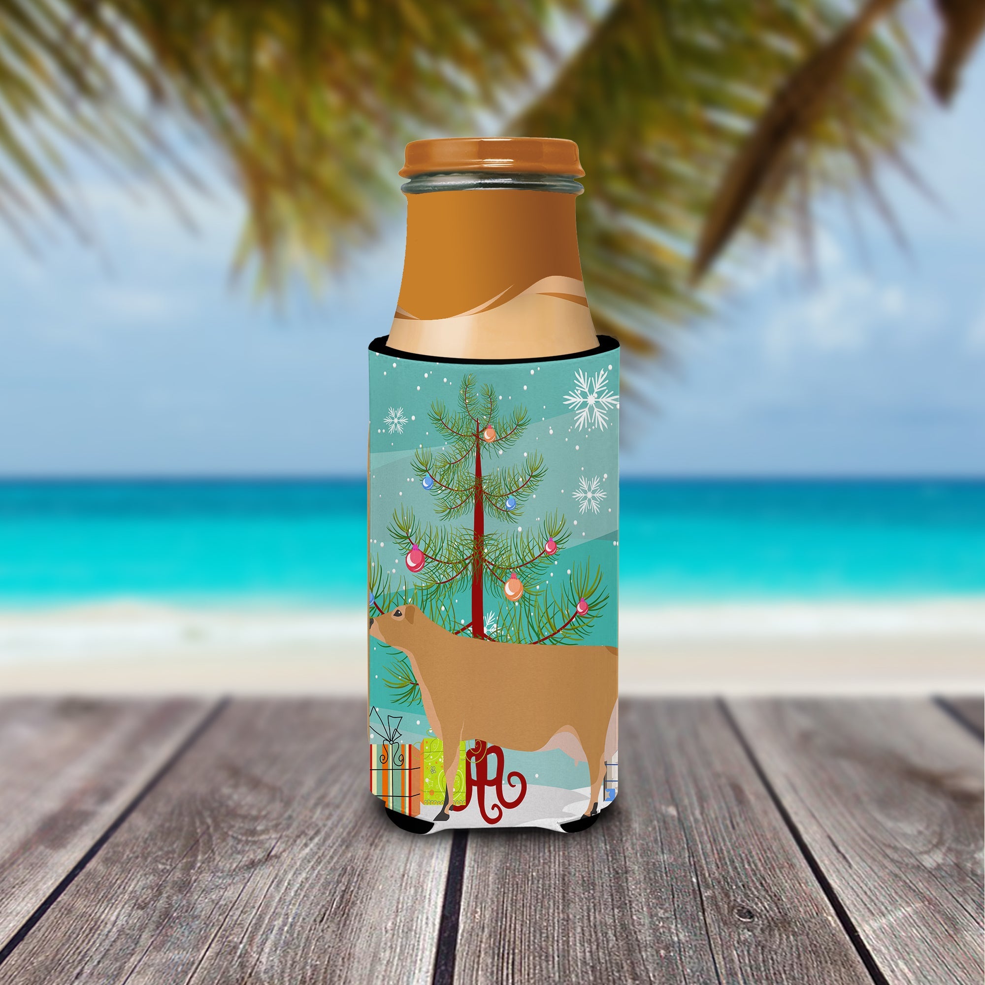 Jersey Cow Christmas Slim Can Hugger , Insulated Foam Hugger for 12 oz Slim Cans, Beer Bottles & Water Bottles, Printed in USA