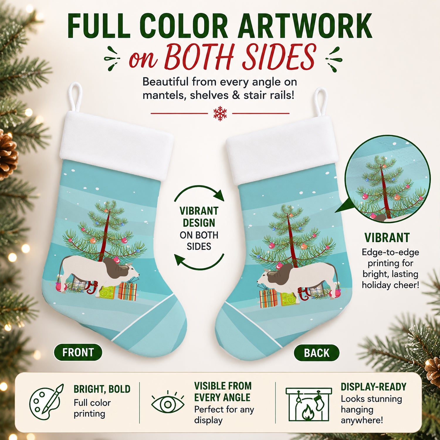 Malvi Cow Christmas Holiday Stocking Double-Sided Print, Polyester Suede,11x18, Made in USA