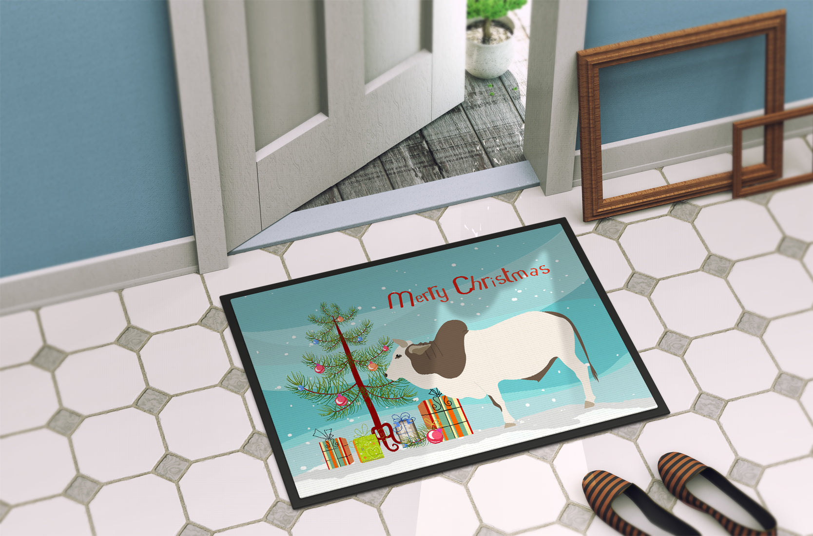 Malvi Cow Christmas Doormat Indoor Outdoor 18H X 27W Front Door Mat Rugs for Entryway, Non Slip Washable