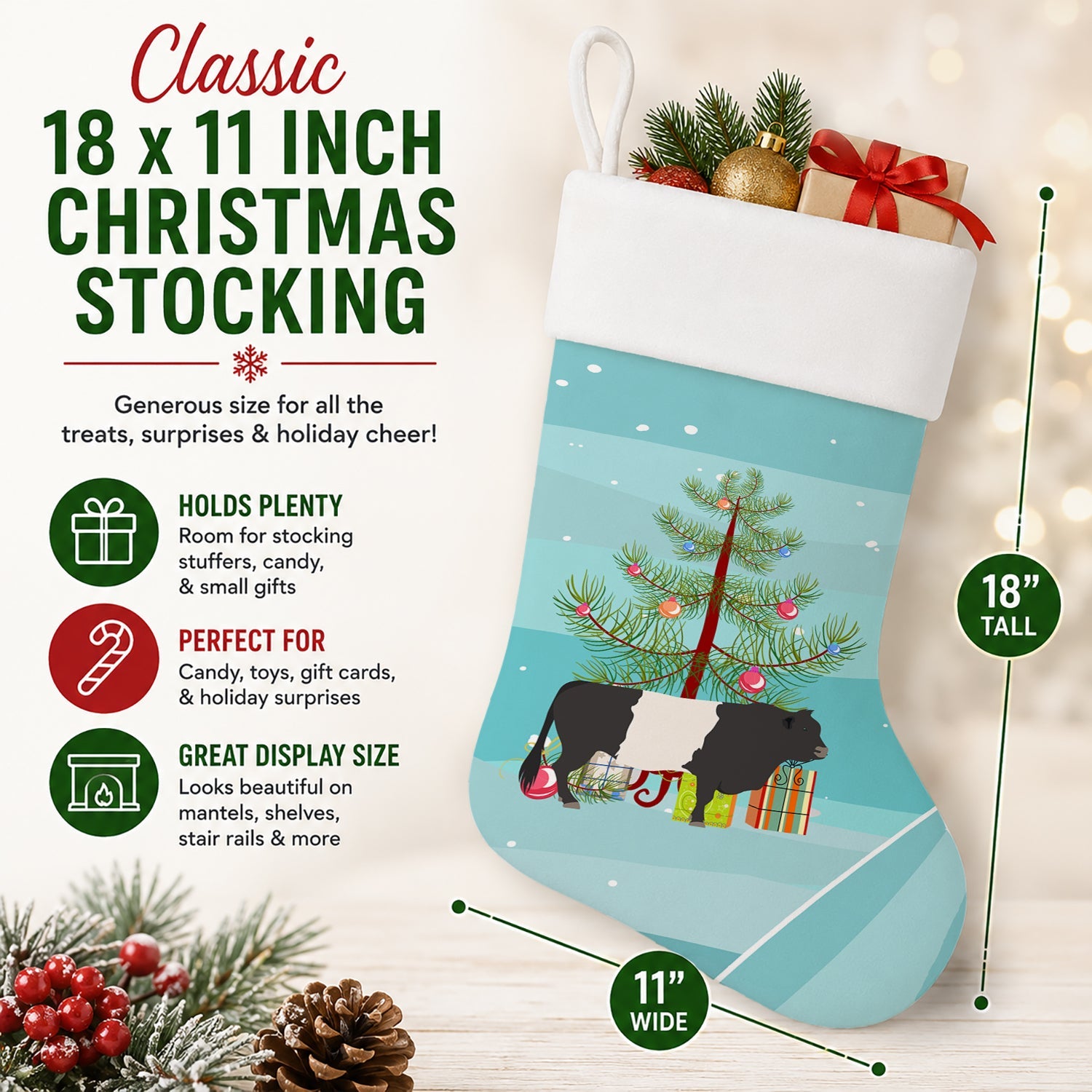 Belted Galloway Cow Christmas Holiday Stocking Double-Sided Print, Polyester Suede,11x18, Made in USA