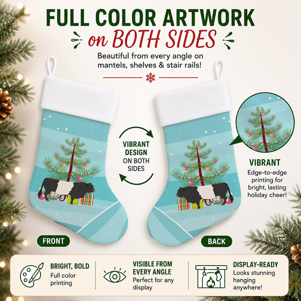 Belted Galloway Cow Christmas Holiday Stocking Double-Sided Print, Polyester Suede,11x18, Made in USA