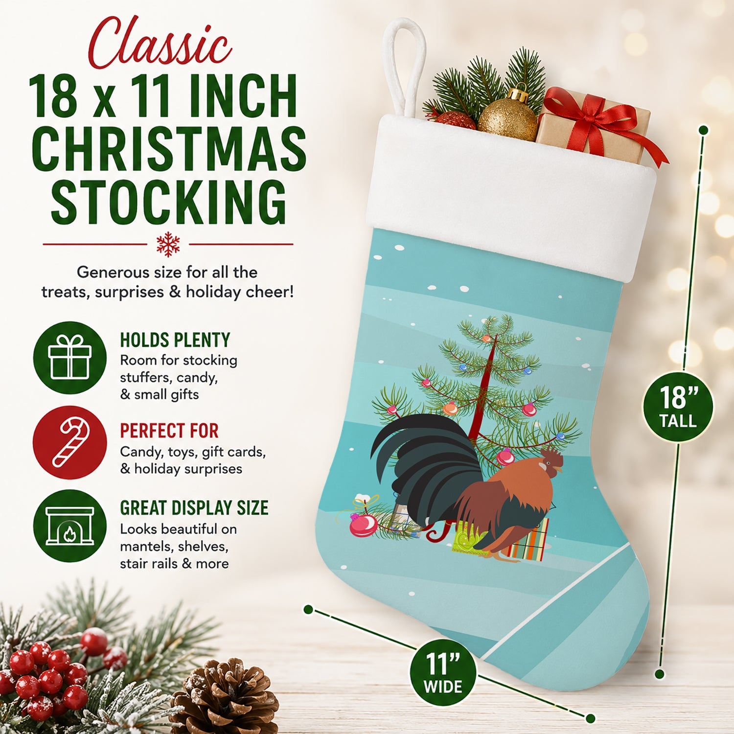 Dutch Bantam Chicken Christmas Holiday Stocking Double-Sided Print, Polyester Suede,11x18, Made in USA