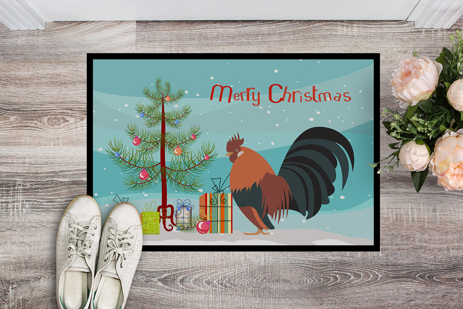 Dutch Bantam Chicken Christmas Doormat Indoor Outdoor 18H X 27W Front Door Mat Rugs for Entryway, Non Slip Washable