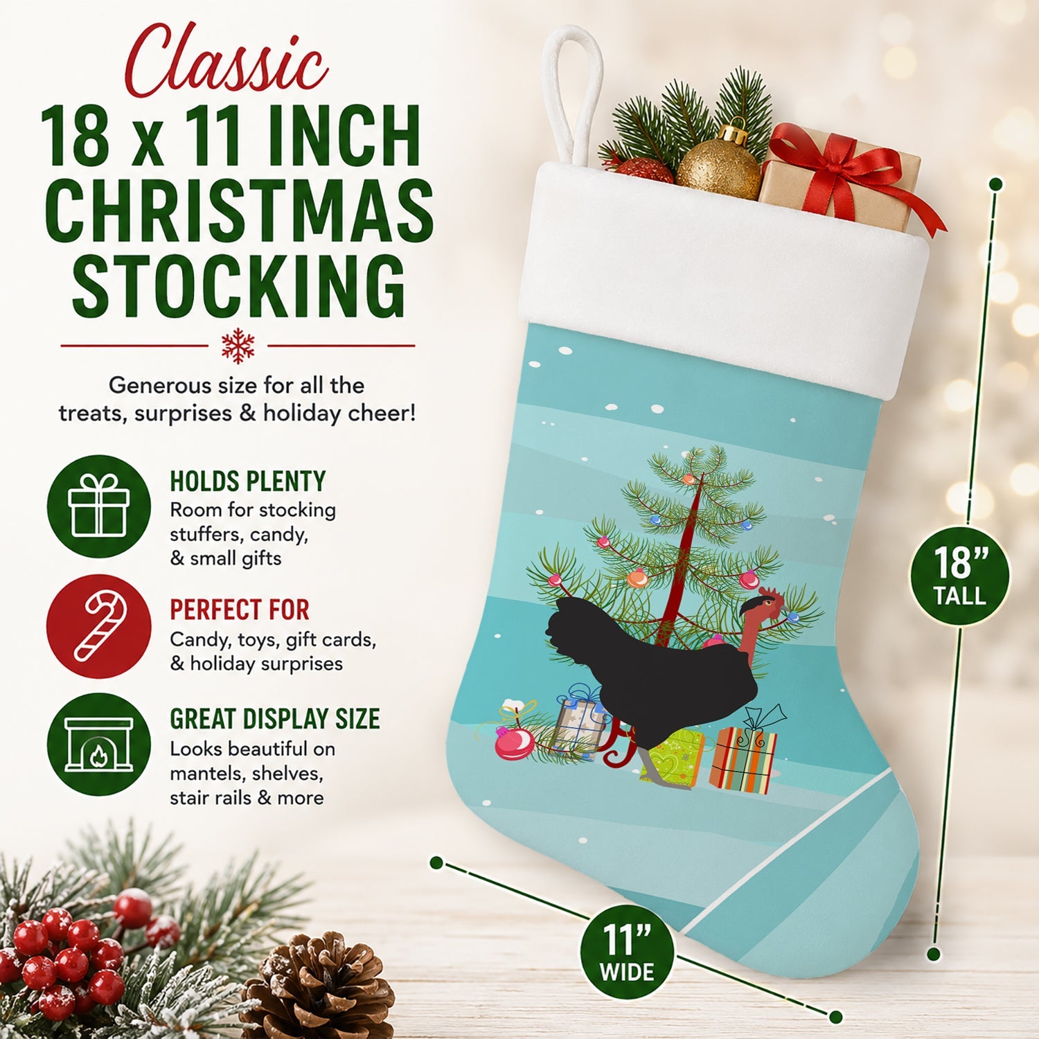 Naked Neck Chicken Christmas Holiday Stocking Double-Sided Print, Polyester Suede,11x18, Made in USA