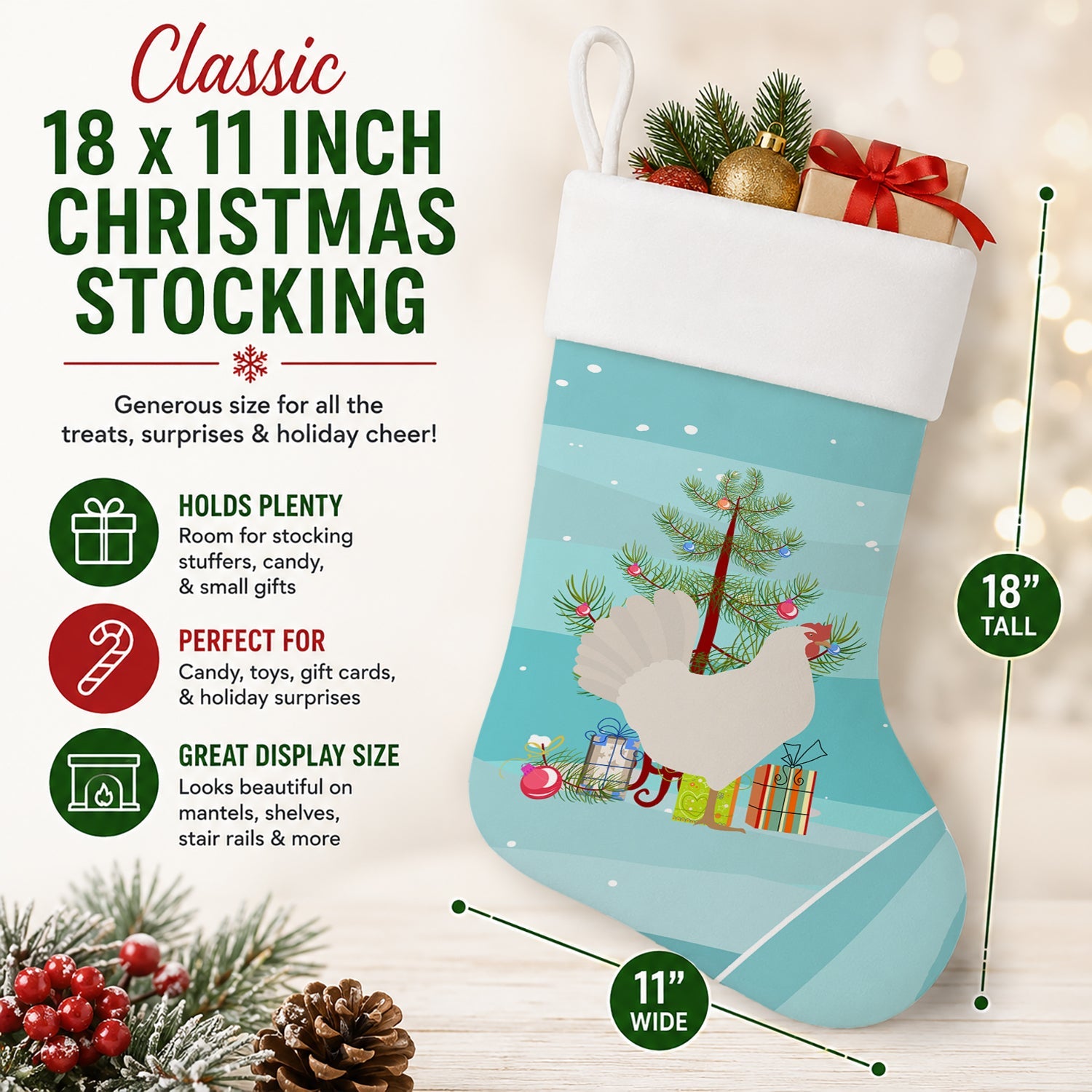 Leghorn Chicken Christmas Holiday Stocking Double-Sided Print, Polyester Suede,11x18, Made in USA