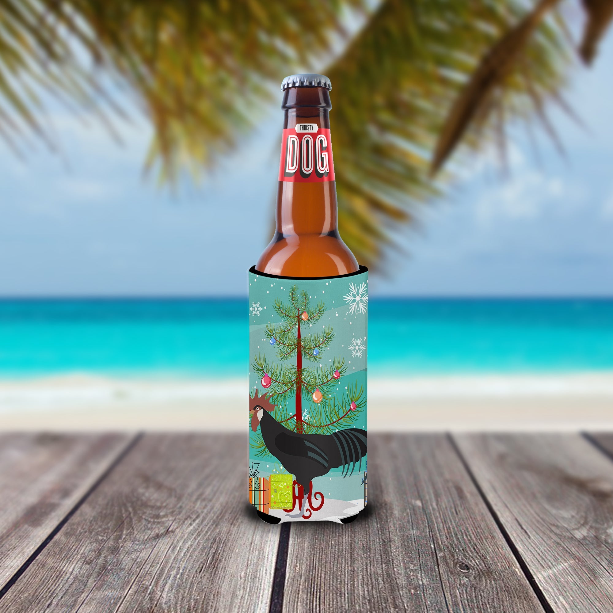 Minorca Ctalalan Chicken Christmas Slim Can Hugger , Insulated Foam Hugger for 12 oz Slim Cans, Beer Bottles & Water Bottles, Printed in USA