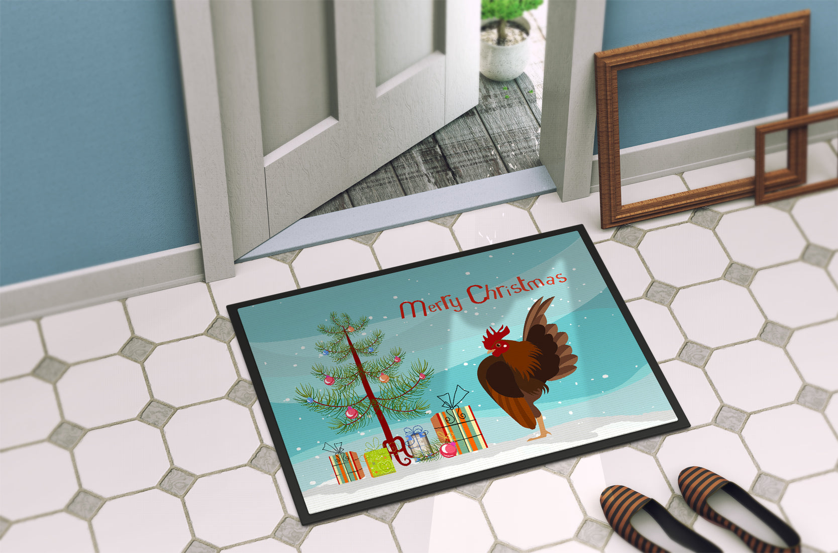 Malaysian Serama Chicken Christmas Doormat Indoor Outdoor 24H X 36W Front Door Mat Rugs for Entryway, Non Slip Washable Low Pile,