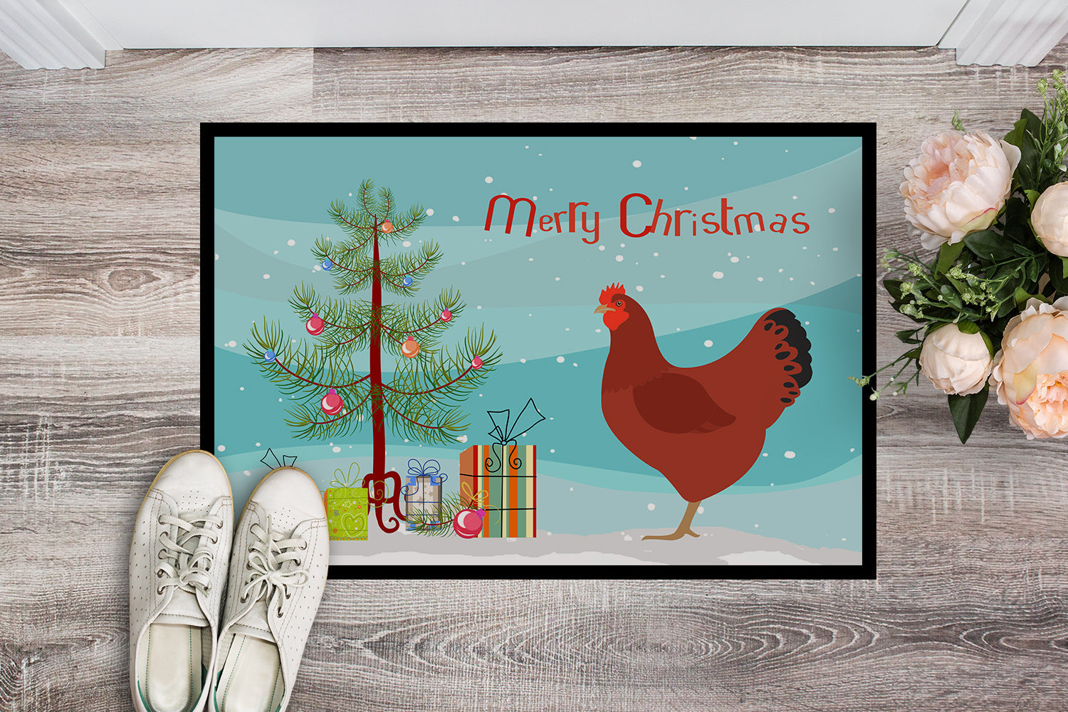 New Hampshire Red Chicken Christmas Doormat Indoor Outdoor 24H X 36W Front Door Mat Rugs for Entryway, Non Slip Washable Low Pile,