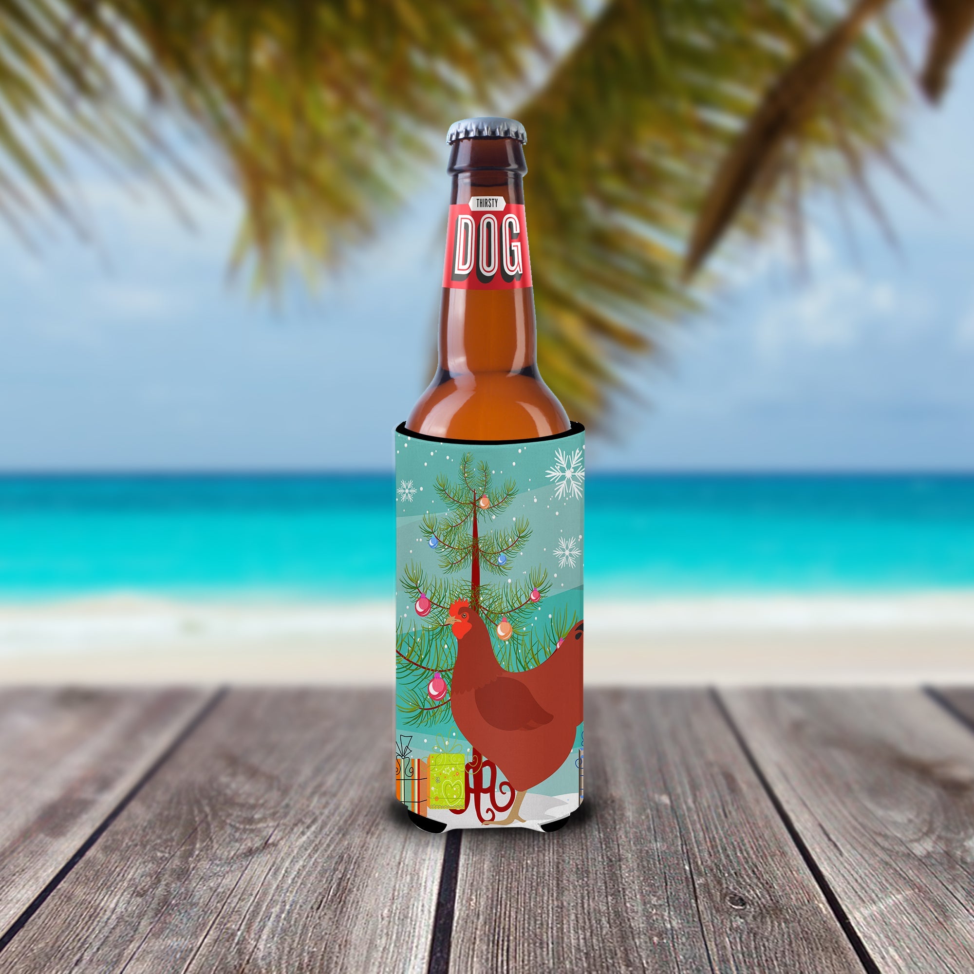 New Hampshire Red Chicken Christmas Slim Can Hugger , Insulated Foam Hugger for 12 oz Slim Cans, Beer Bottles & Water Bottles, Printed in USA