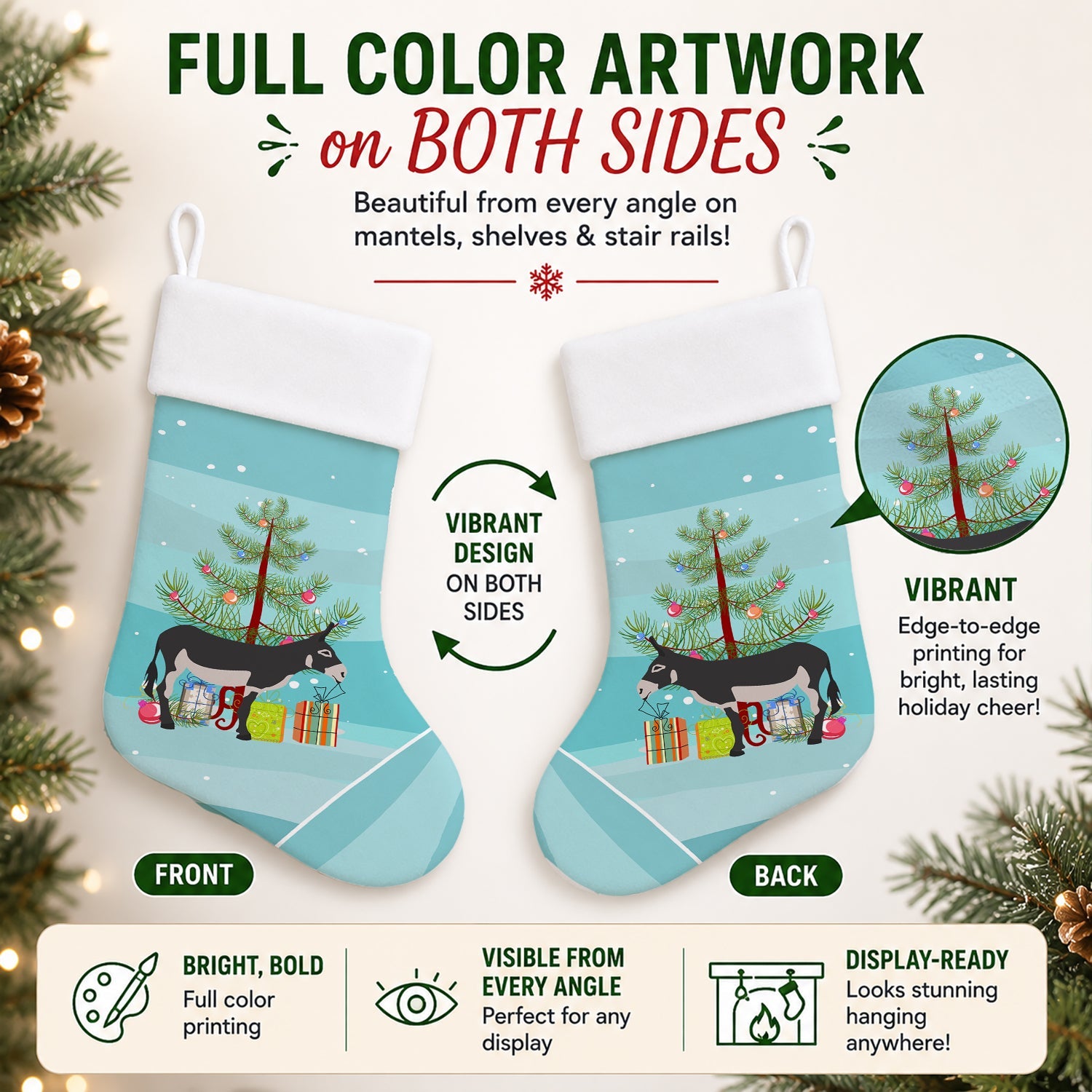 American Mammoth Jack Donkey Christmas Holiday Stocking Double-Sided Print, Polyester Suede,11x18, Made in USA