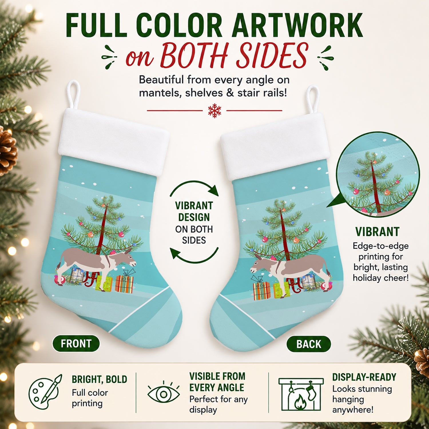 Australian Teamster Donkey Christmas Holiday Stocking Double-Sided Print, Polyester Suede,11x18, Made in USA