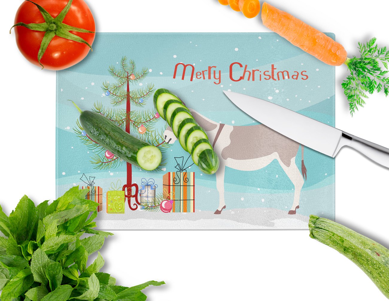 Australian Teamster Donkey Christmas Cutting Board Tempered Glass Kitchen Cutting Surface, Heat Resistant Chopping, Non-Slip Feet, Food Prep & Serving