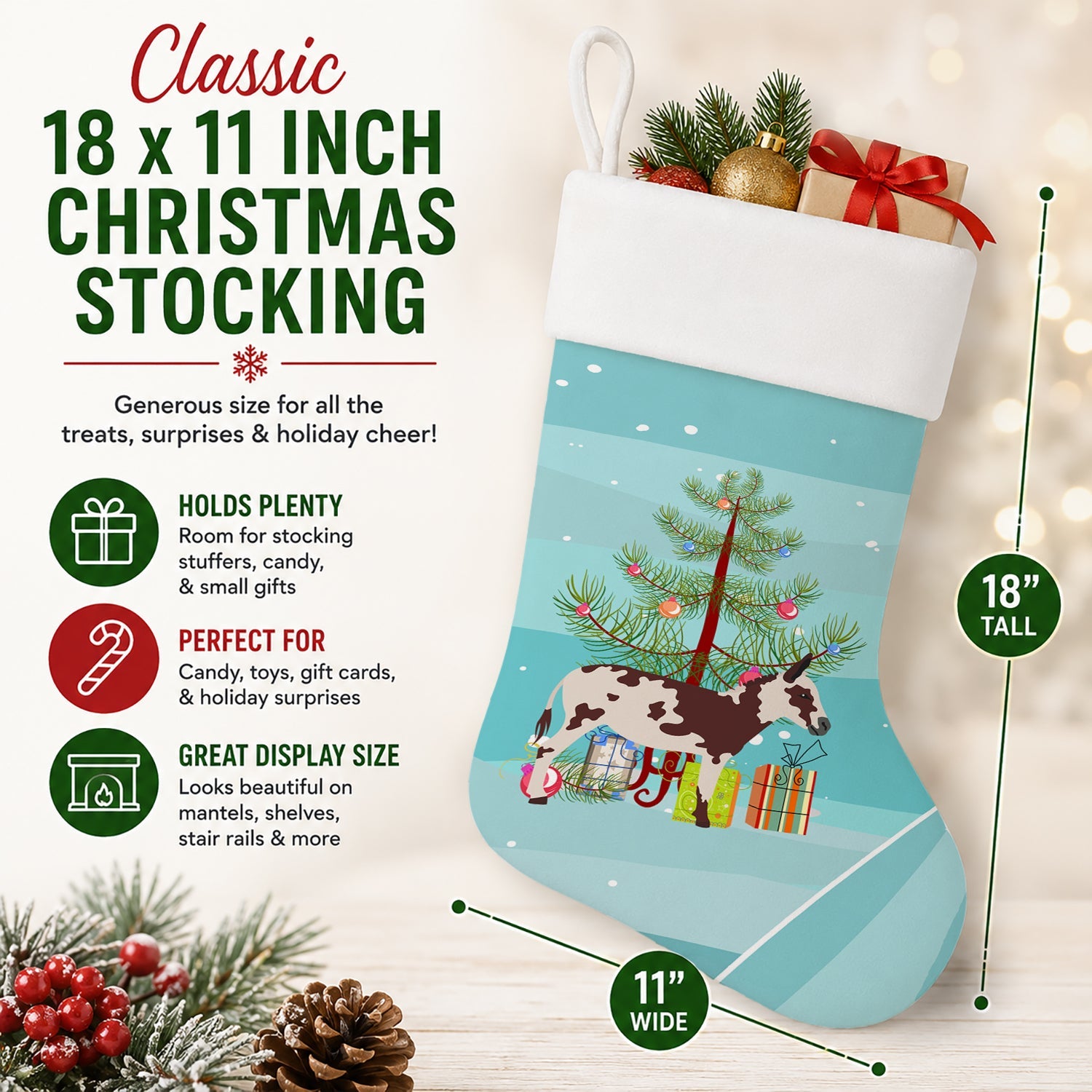 American Spotted Donkey Christmas Holiday Stocking Double-Sided Print, Polyester Suede,11x18, Made in USA