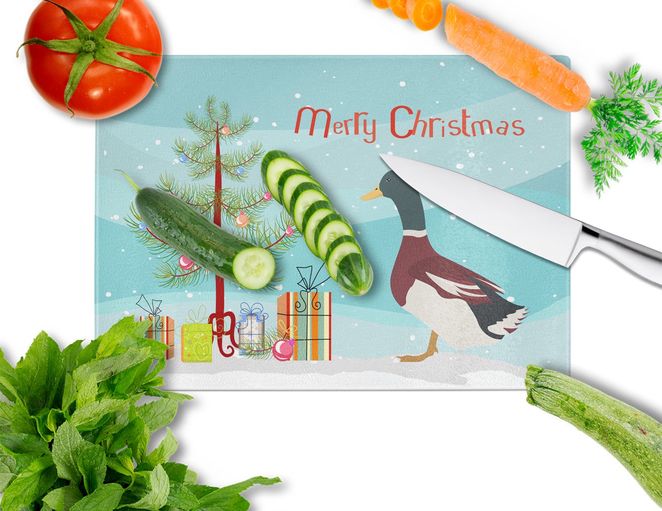 Rouen Duck Christmas Cutting Board Tempered Glass Kitchen Cutting Surface, Heat Resistant Chopping, Non-Slip Feet, Food Prep & Serving