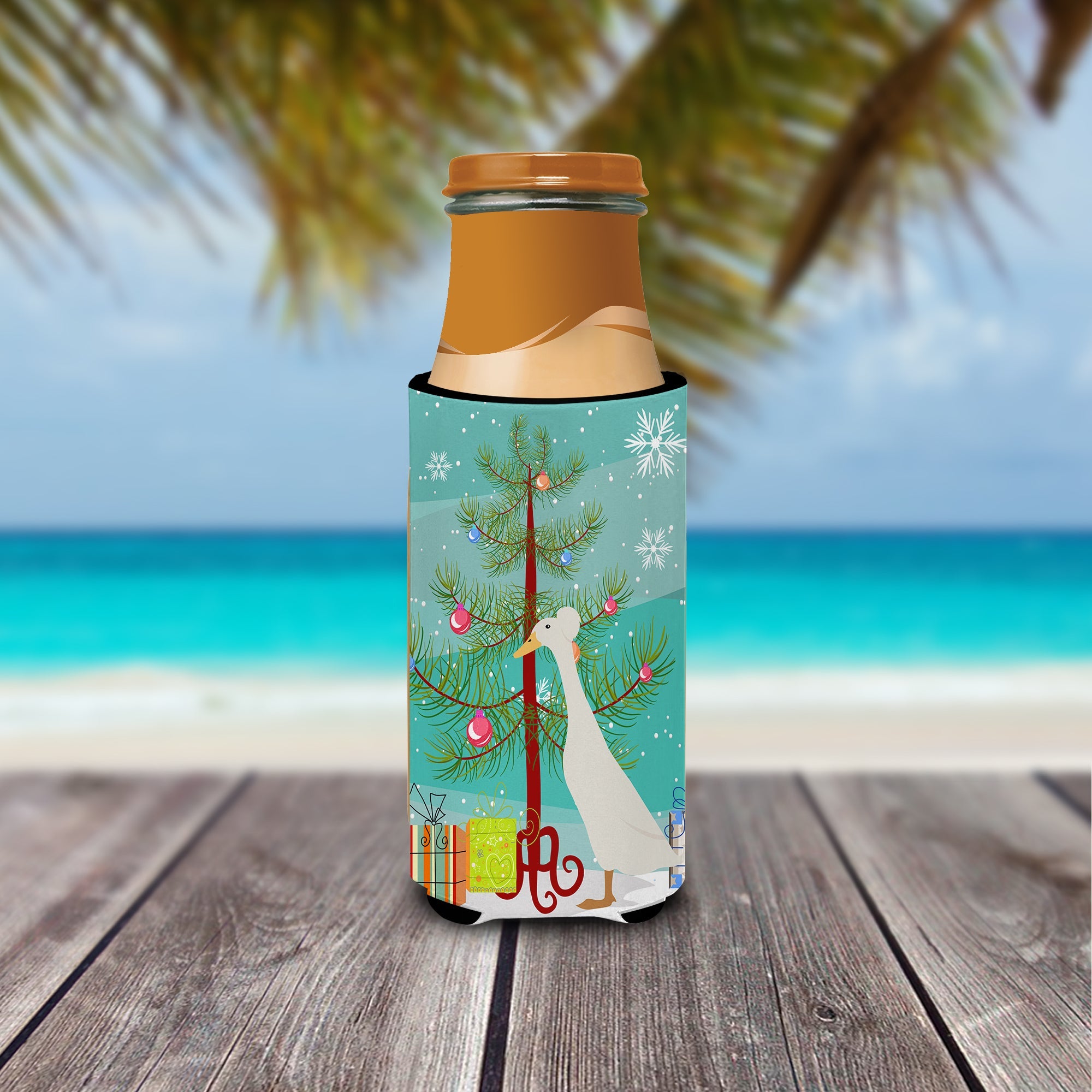 Bali Duck Christmas Slim Can Hugger , Insulated Foam Hugger for 12 oz Slim Cans, Beer Bottles & Water Bottles, Printed in USA