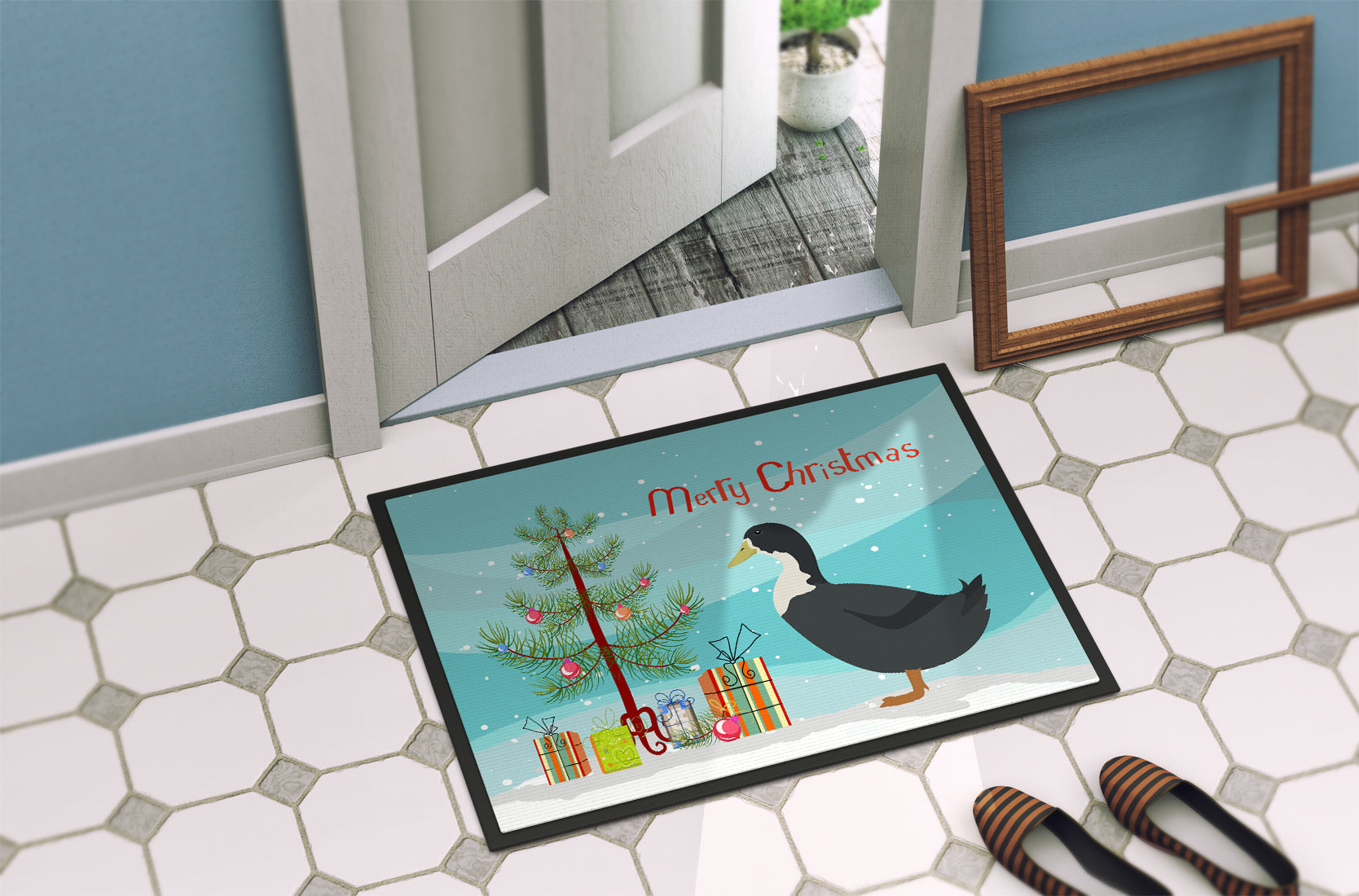 Blue Swedish Duck Christmas Doormat Indoor Outdoor 24H X 36W Front Door Mat Rugs for Entryway, Non Slip Washable Low Pile,