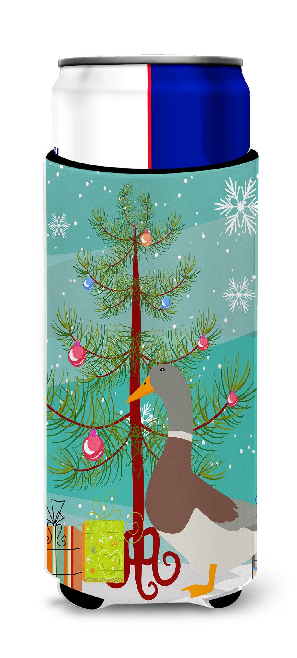 Saxony Sachsenente Duck Christmas Slim Can Hugger , Insulated Foam Hugger for 12 oz Slim Cans, Beer Bottles & Water Bottles, Printed in USA