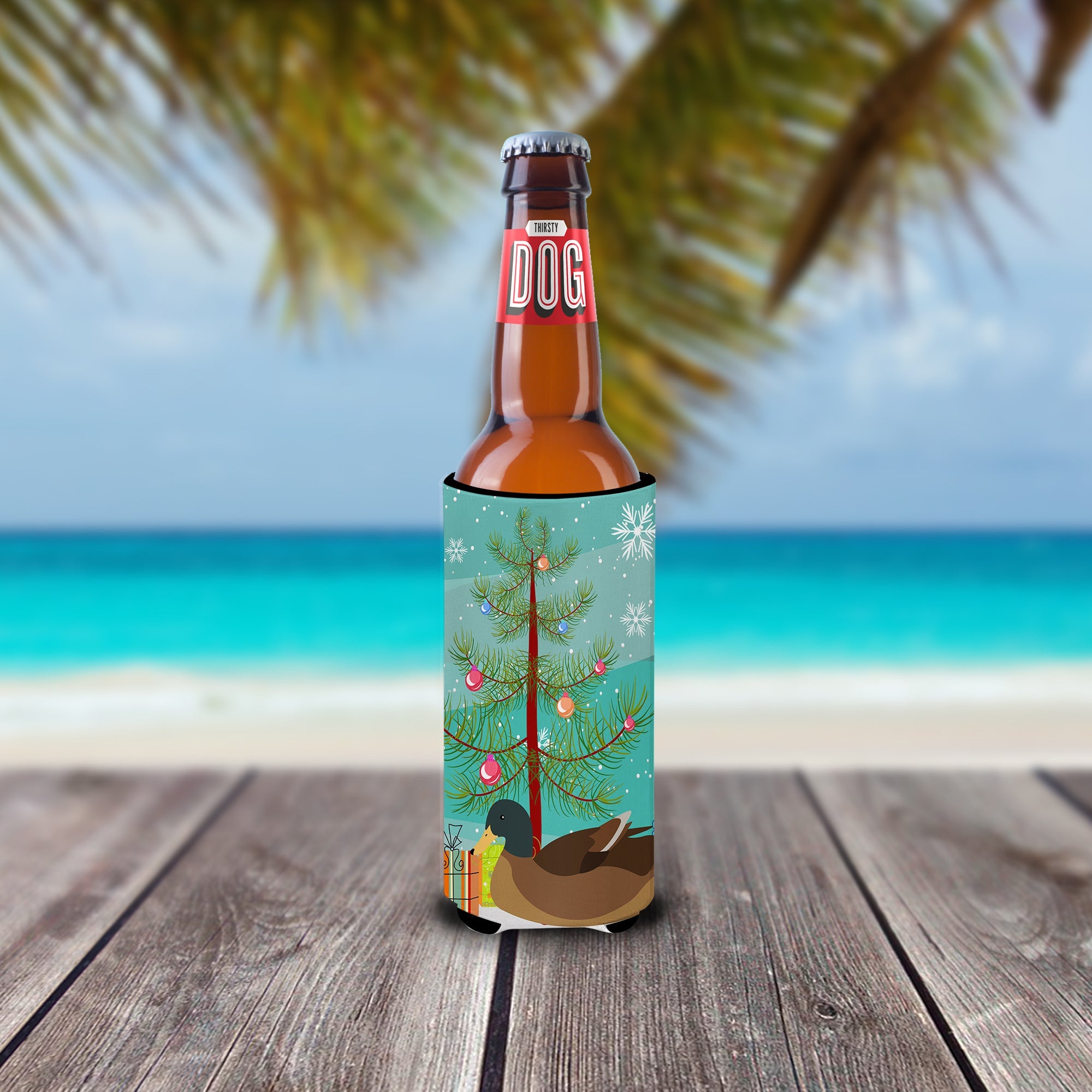 Khaki Campbell Duck Christmas Slim Can Hugger , Insulated Foam Hugger for 12 oz Slim Cans, Beer Bottles & Water Bottles, Printed in USA