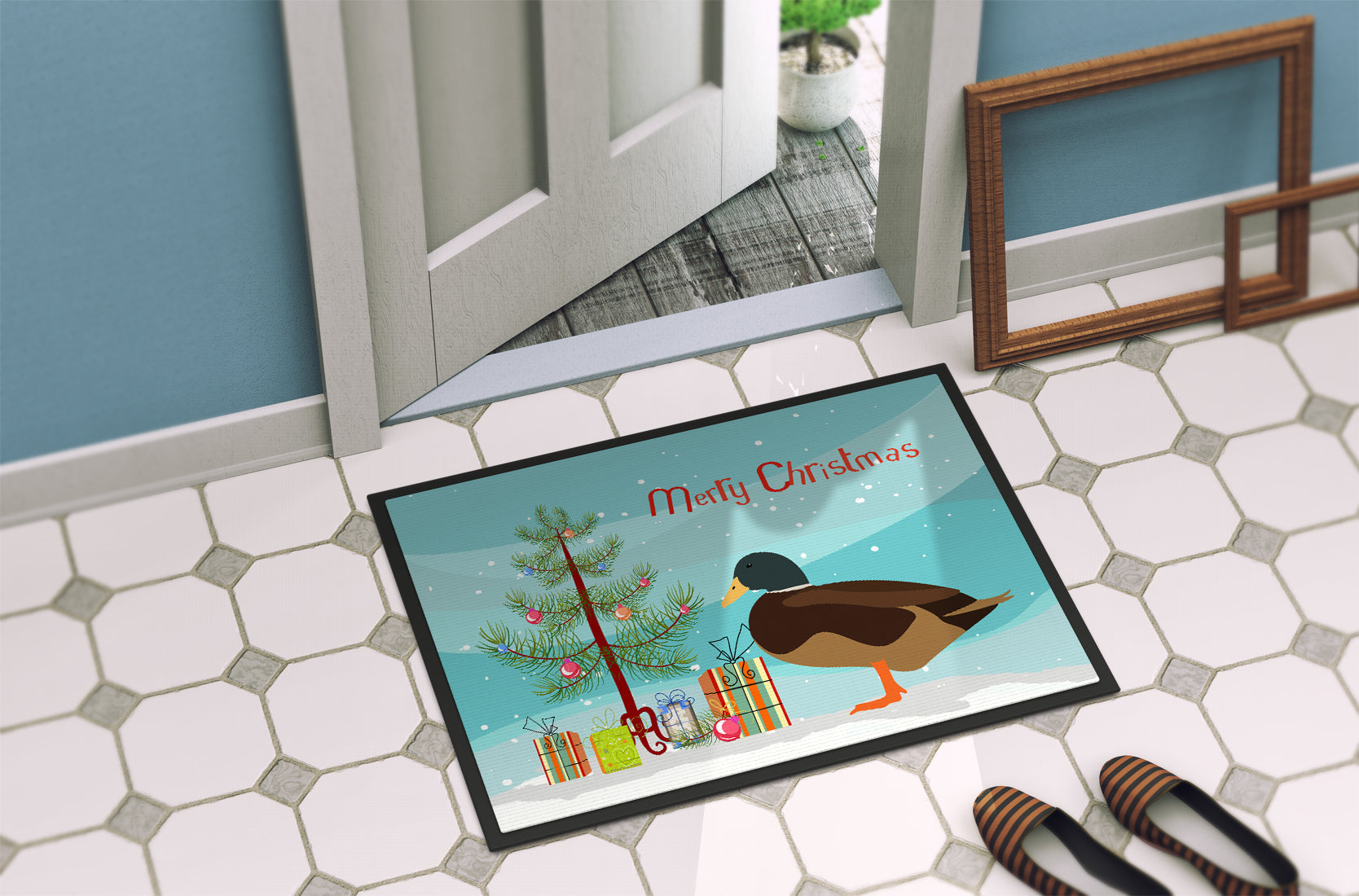 Silver Bantam Duck Christmas Doormat Indoor Outdoor 18H X 27W Front Door Mat Rugs for Entryway, Non Slip Washable