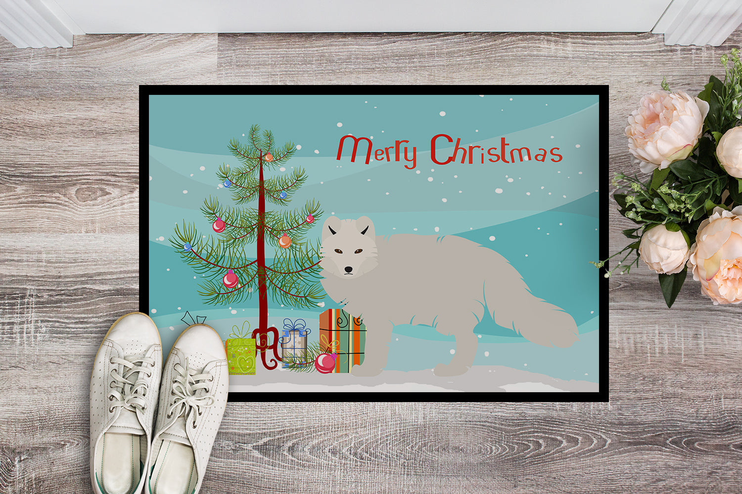 White Arctic Fox Christmas Doormat Indoor Outdoor 24H X 36W Front Door Mat Rugs for Entryway, Non Slip Washable Low Pile,